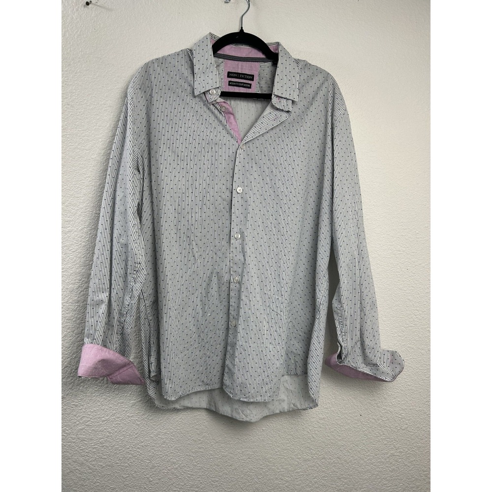 Non-Fiction Mens Size 17 Button Down Dress Shirt Blue White‎ Stripes Pink Trim